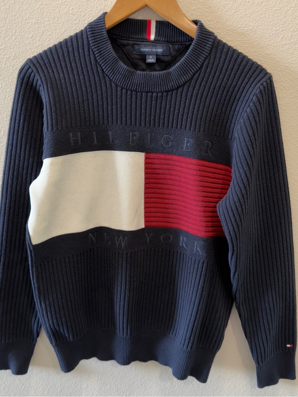 Tommy Hilfiger Navy Crewneck Sweater with Red & White Block